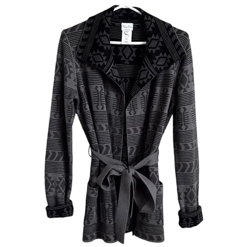 Tracy Reese Cardigan Sweater Aztec Western Tie Waist in Grey Alpaca Black Small